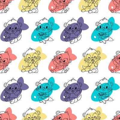 Seamless pattern of four cute otters in different playful poses on the background of four colorful fish. yellow, blue, red and purple. Each otter has a different facial expression and does different