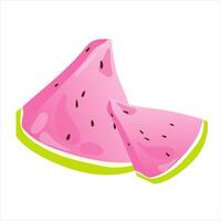 Two slices of pink watermelon with green rind and black seeds. The fruit is fresh and juicy, ideal for summer snacks or healthy eating. vector
