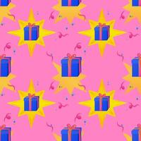 A repeating pattern of Colorful gift box with ribbon sits in the center of a bright yellow star on a pink background. Around the star are festive confetti and streamers creating a holiday atmosphere vector