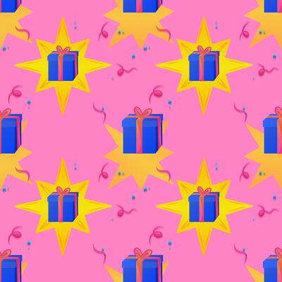A repeating pattern of Colorful gift box with ribbon sits in the center of a bright yellow star on a pink background. Around the star are festive confetti and streamers creating a holiday atmosphere