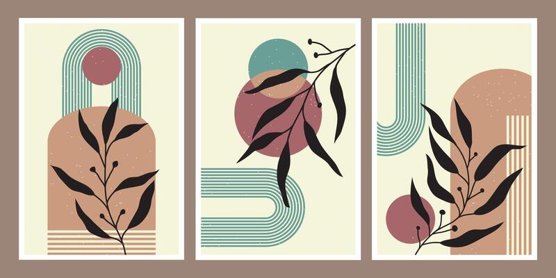Contemporary art poster collection in pastel colors. Abstract paper cut geometric elements and strokes, leaves and dots. Great design for social media, postcards and prints. Contemporary abstract