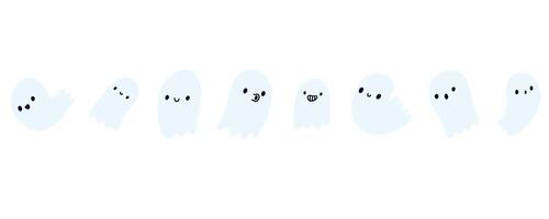 Halloween ghost set in doodle cartoon kawaii cute style. Cartoon hand drawn funny smiling samhain ghost. Trick or treat stock flat illustration isolated on white backgroung. vector