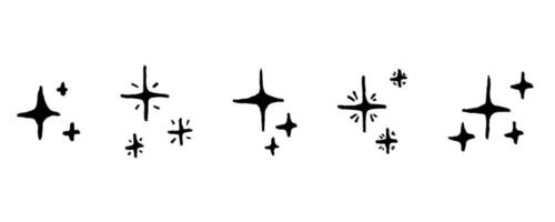 Hand drawn star glitter shine of doodle set. Star shine glow, spark glitter, sparkle light textured illustration. Hand drawn brush sketch doodle style set isolated on white background. vector