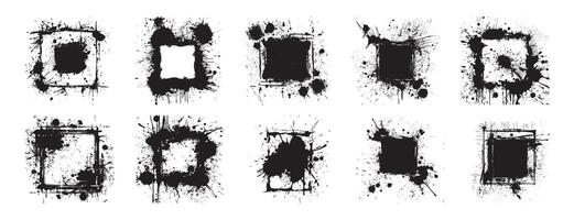 Hand drawn grunge square frames ink splatter elements black white artistic textured borders abstract spray paint effect decorative edges urban graffiti isolated clipart modern illustration vector
