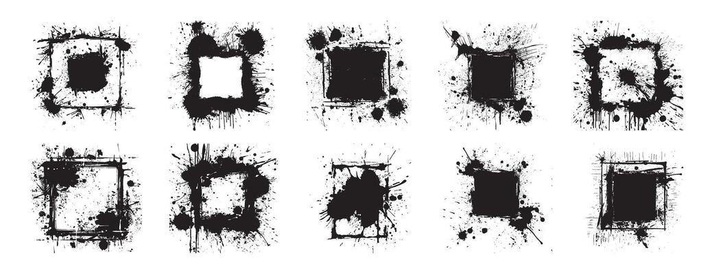 Hand drawn grunge square frames ink splatter elements black white artistic textured borders abstract spray paint effect decorative edges urban graffiti isolated clipart modern illustration