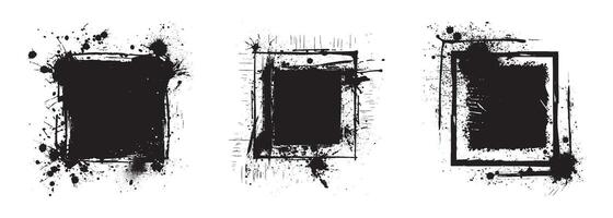 Set of three black grunge frames with ink splatter texture isolated on white background template elements for abstract border design poster graphic layout messy artistic square edge vector