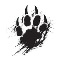 Grunge bear paw print with sharp claws in black ink splatter style isolated on white background, wild animal footprint sketch for tattoo, t-shirt design, tribal art, wilderness survival concept vector