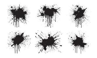 Grunge black ink blots collection isolated white background paint splashes artistic drips abstract shapes messy drops design elements graffiti texture urban spray grungy splash set vector