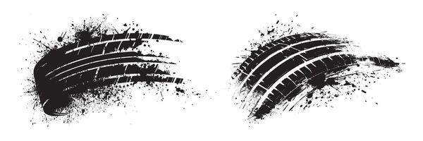 Grunge black tire track imprint with splatter dirt texture isolated on white background illustration for automotive offroad race design skid mark dirty rough print element wheel motion vector