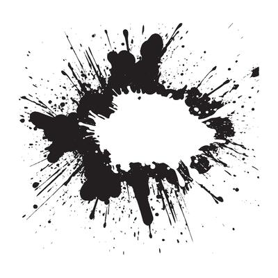 Black abstract ink splatter explosion on white background with dynamic paint spray burst for grunge banner, urban art poster, graphic design texture or street style decoration element