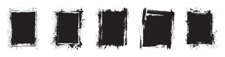 Grunge vertical black ink rectangle frames set abstract paint splatter textured borders white background handmade brush stroke design elements urban graffiti modern clipart isolated collection vector