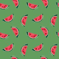 Seamless pattern with hand drawn watermelon slices on vibrant green background usa fruit summer tropical texture colorful food illustration for wrapping paper textile fabric wallpaper design vector