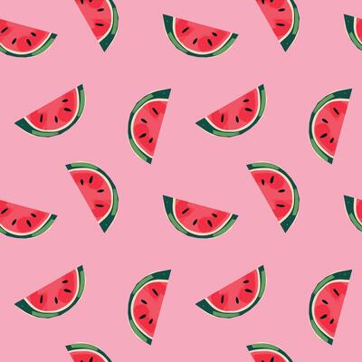 Pink background watermelon seamless pattern flat illustration repeating fruit slice design with green rind summer fresh tropical surface texture for fabric wrapping digital wallpaper fun colorful look