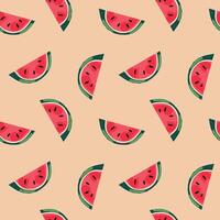 Peach background watermelon slice seamless pattern tropical summer fruit repeat design fresh green rind red juicy illustration surface textile wrapping wallpaper cheerful healthy snack vibe vector