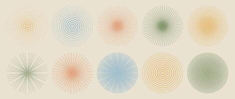 Soft retro color halftone radial dotted circular shapes geometric abstract set symmetry background burst motion illusion design elements vintage pattern minimal warm palette vector