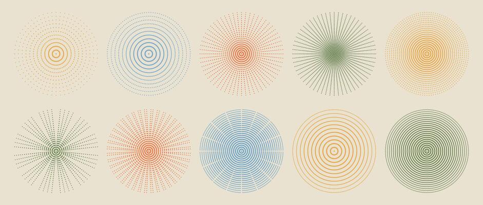 Soft retro color halftone radial dotted circular shapes geometric abstract set symmetry background burst motion illusion design elements vintage pattern minimal warm palette