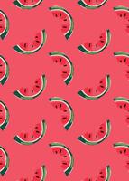 Watermelon greeting card, poster with red background juicy fruit slices green rind repeated summer texture modern tropical surface design for wrapping paper fabric textile wallpaper cheerful vibe vector