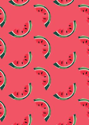 Watermelon greeting card, poster with red background juicy fruit slices green rind repeated summer texture modern tropical surface design for wrapping paper fabric textile wallpaper cheerful vibe