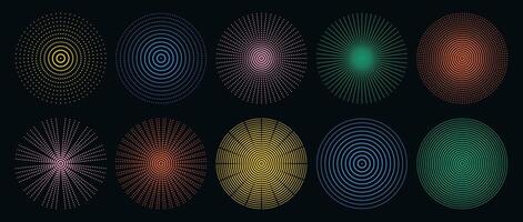 Dark background halftone radial colorful dotted circular shapes collection abstract geometric pattern set motion illusion element design bright neon effect symmetry burst vector
