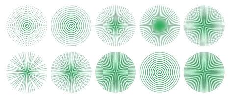 Green halftone circular radial dotted shapes abstract design elements set burst motion illusion background isolated on transparent geometric techno minimal round concept symmetrical graphic vector