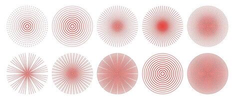 Red halftone radial dotted circular shapes collection set of abstract geometric round elements for design background motion illusion pattern distortion illusion burst on transparent vector