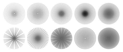 Black halftone radial dotted circles collection abstract graphic set motion illusion pattern burst digital vortex round minimal background contrast design symmetrical element on transparent vector