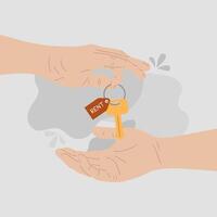 Close-up illustration of one hand handing over keys to another hand. vector