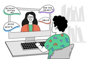A teacher is visible on the computer screen, while a student sits at a desk listening and learning... vector
