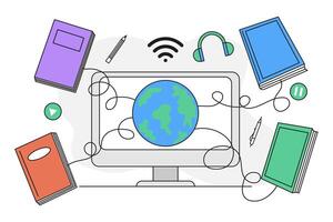 Computer with globe on screen surrounded by books. vector