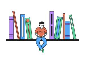 illustration of a boy sitting on a bookshelf and reading a book. vector