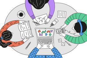 Top view illustration of diverse people studying at the same table. vector