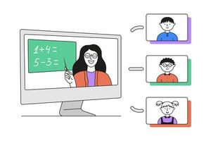 illustration of an online lesson with a teacher on a computer screen pointing at a school board with examples. vector