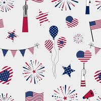 Seamless pattern with American flags, balloons, garlands, stars, hearts, and diverse hands holding flags and a megaphone. vector