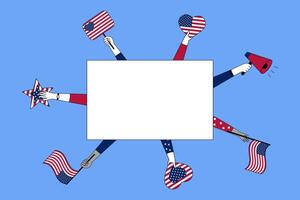 Festive American Independence Day illustration with diverse hands holding US flags, hearts, stars, and a megaphone around a rectangular frame. vector