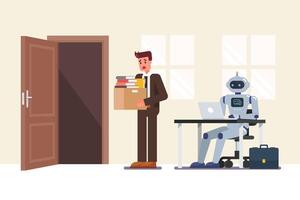 Man with books facing a robot at desk vector