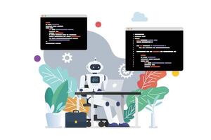 Robot coding at a desk with plants vector