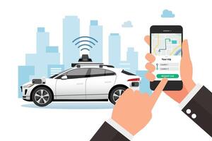 Hands using a mobile app for ridesharing vector
