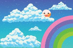 Happy Sun And Rainbow In A Cartoon Sky vector