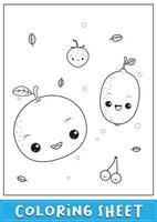 coloring sheet for kids with cute fruit kawaii vector