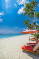 Idyllic seaside view featuring colorful beach chairs and umbrellas, palm trees casting shadows, and a couple celebrating their honeymoon in a serene summer paradise by the sparkling ocean shore. photo