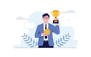 Illustrated Businessman Holding a Trophy and Coin Symbolizing Achievement and Success vector