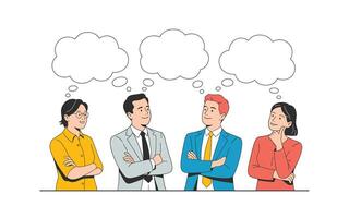 Four Business People with Thought Bubbles Thinking About Strategy and Innovation vector