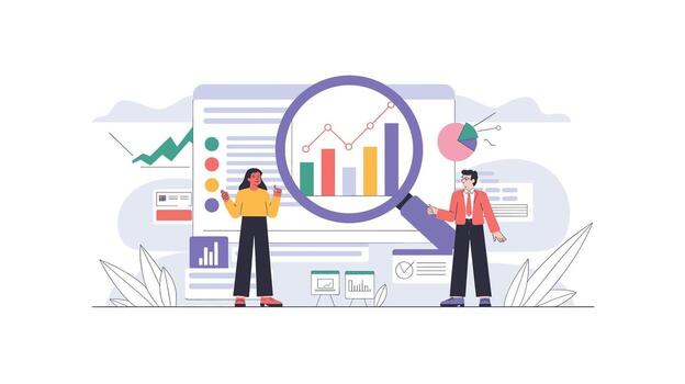 negocio analistas examinando datos ilustración de datos análisis, tendencias, y negocio inteligencia vector