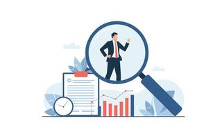 Business Analysis and Growth Man with Magnifying Glass Inspecting Data Trends vector