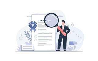 Standard Quality Control Checklist A Visual Representation with Magnifying Glass and Inspector vector