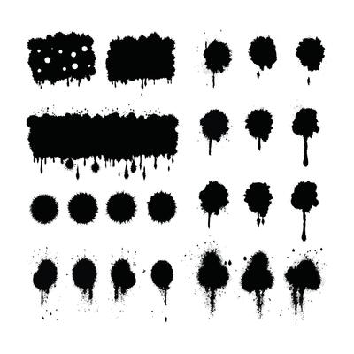 Black Ink Splatter and Stain Elements Set on White Background for Grunge Design