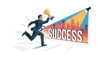 Businessman Running with Trophy Towards Success, City Background and Spotlight, Illustration vector