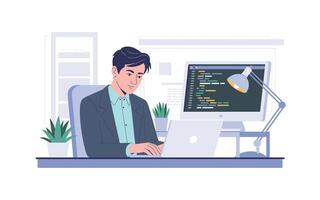 Software Developer Working on Code Illustration of a Programmer at Desk vector