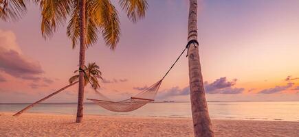 Panoramic sunset scene with swing and hammock under palm trees by the sea, dreamy seascape and inspiring sky with clouds creating a stunning summer vacation travel background on a tropical island photo