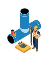 Isometric Construction Worker Inspecting Large Blue Pipes and Tools, Isolated on White Background vector